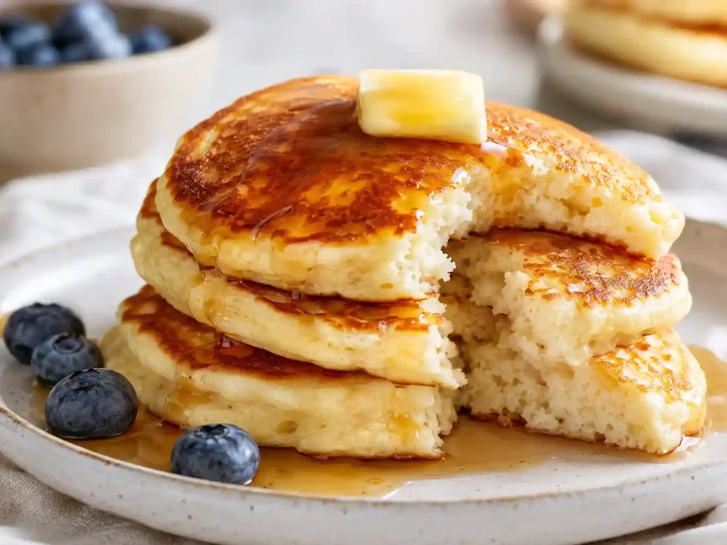 Close-up of a Greek yogurt pancake torn open to show a soft fluffy interior
