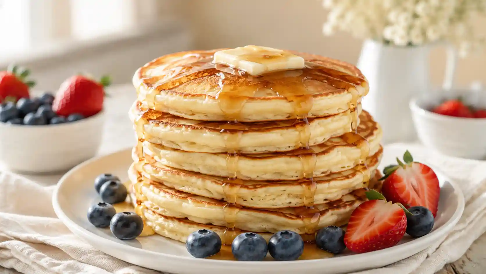 Fluffy homemade pancakes from scratch topped with butter and maple syrup