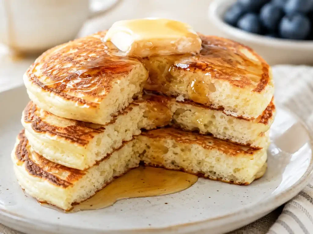Close-up of a fluffy pancake torn open to show a soft airy interior crumb