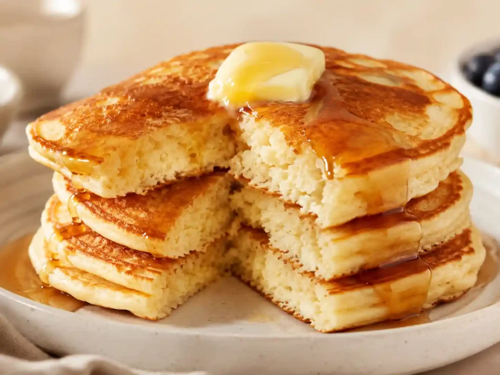 Close-up of fluffy pancakes with golden edges, soft interior texture, melted butter, and maple syrup.