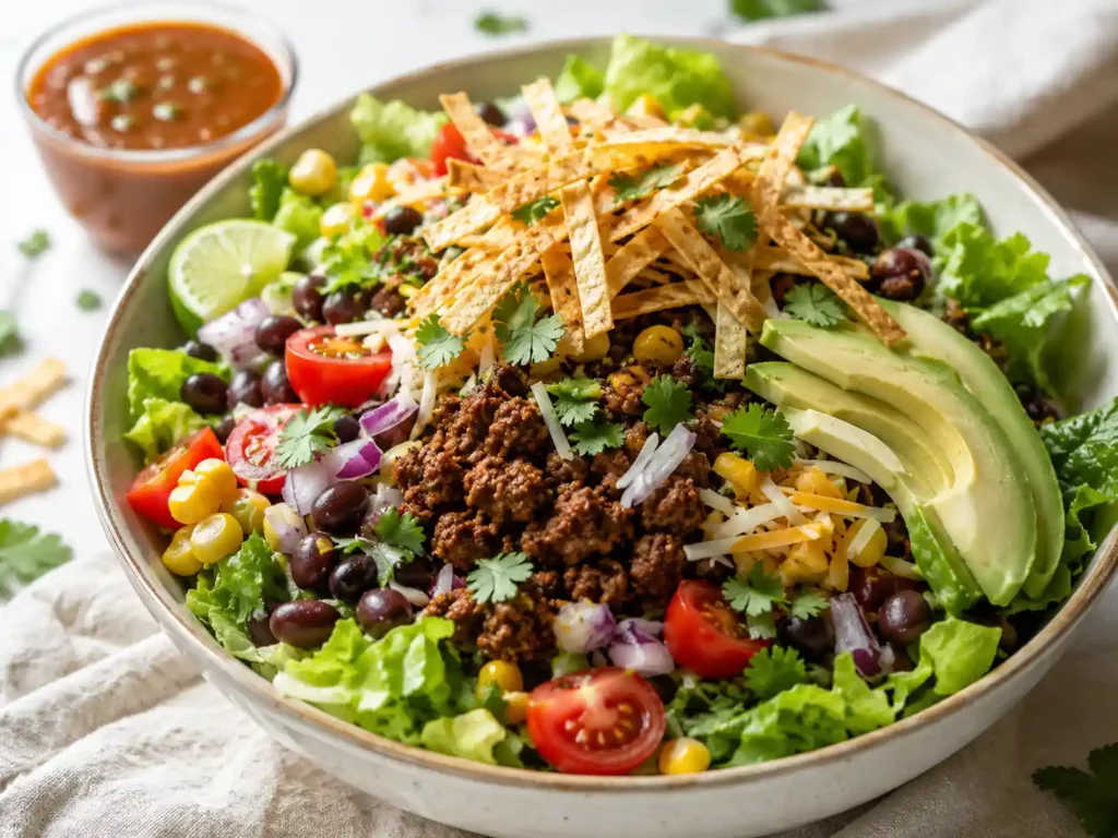 Close-up of a fresh taco salad bowl with crisp romaine, taco meat, black beans, corn, tomatoes, cheese, lime, and tortilla strips.