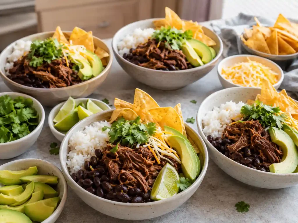 Crockpot dinner bowls with rice, shredded beef, beans, lime, cilantro, avocado, tortilla chips, and fresh toppings.