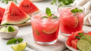 Fresh watermelon drink served over ice with lime, mint, and watermelon slices on a bright summer table.