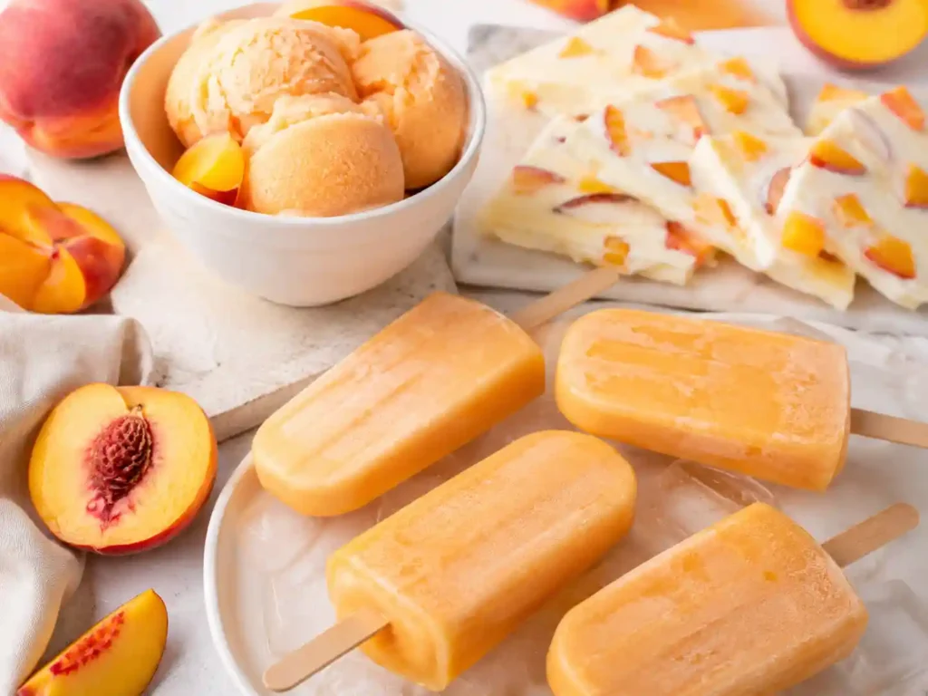 Peach popsicles, peach sorbet, frozen yogurt bark, and fresh peach slices on a summer dessert table.