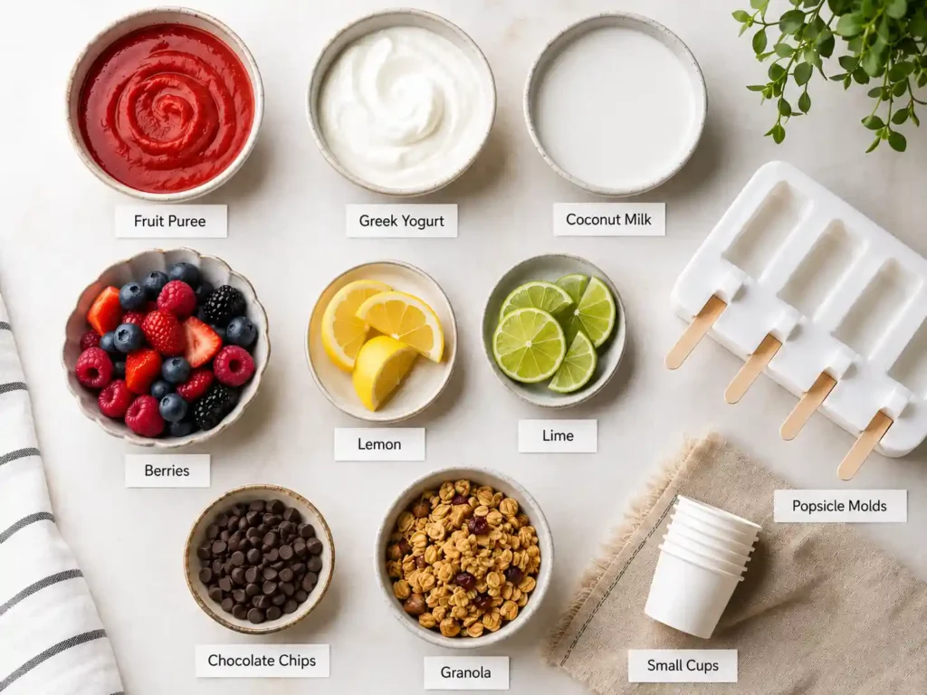 Labeled ingredients for frozen treats including fruit puree, yogurt, coconut milk, berries, lemon, lime, chocolate chips, granola, and popsicle molds.