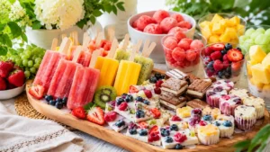 Colorful frozen treats including fruit popsicles, yogurt bark, sorbet cups, and frozen bites on a summer party table.
