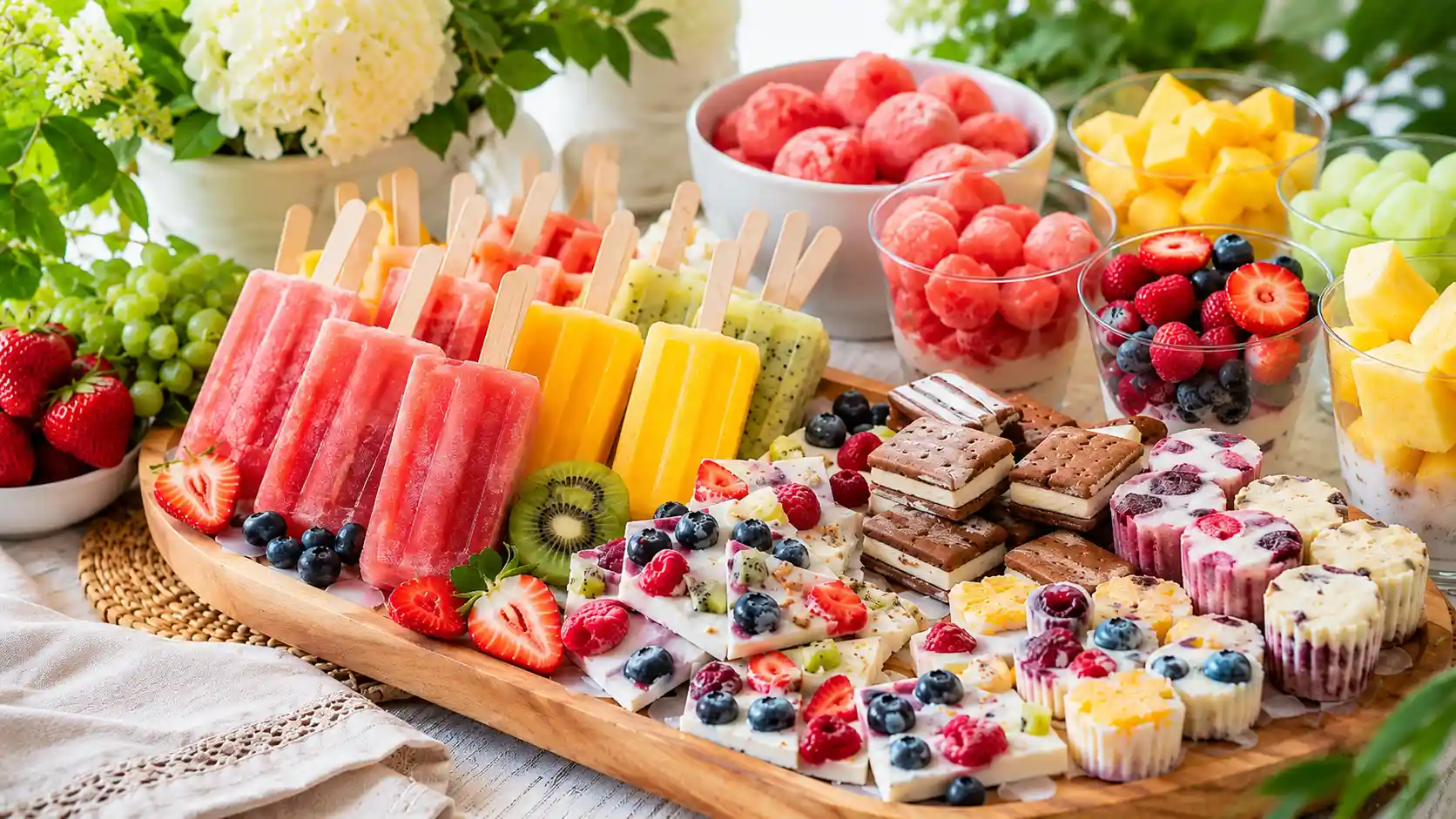 Colorful frozen treats including fruit popsicles, yogurt bark, sorbet cups, and frozen bites on a summer party table.