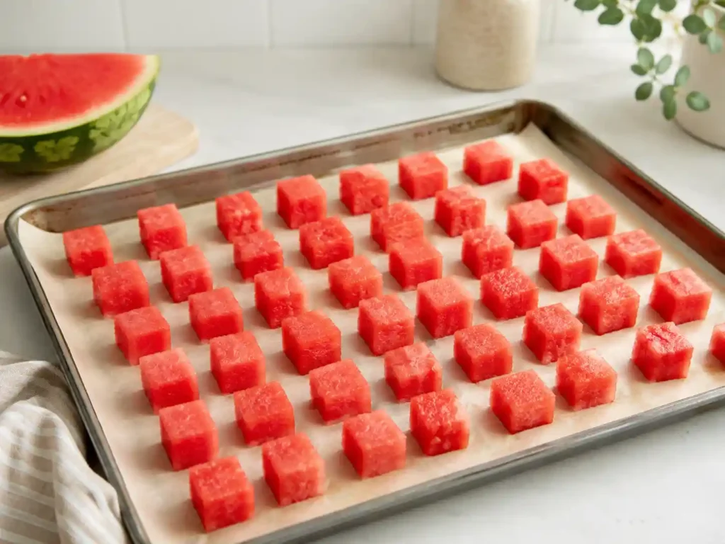 Watermelon cubes frozen in a single layer on a parchment-lined baking sheet