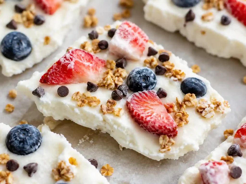 Close-up of frozen yogurt bark pieces with berries, chocolate chips, and granola showing creamy and crunchy texture.