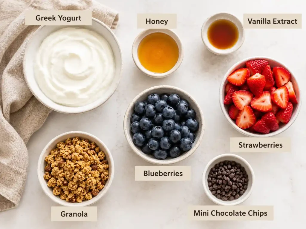 Labeled ingredients for frozen yogurt bark including Greek yogurt, honey, vanilla, strawberries, blueberries, granola, and mini chocolate chips