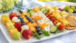 Colorful fruit and cheese skewers for parties with grapes, berries, melon, pineapple, cheddar, mozzarella, feta, cucumber, cherry tomatoes, herbs, and crackers