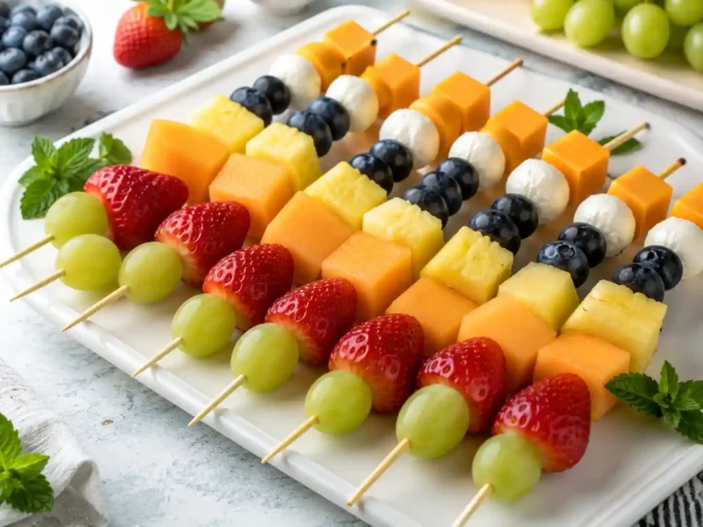 Fruit and cheese skewers with grapes, strawberries, melon, pineapple, blueberries, and cheese cubes