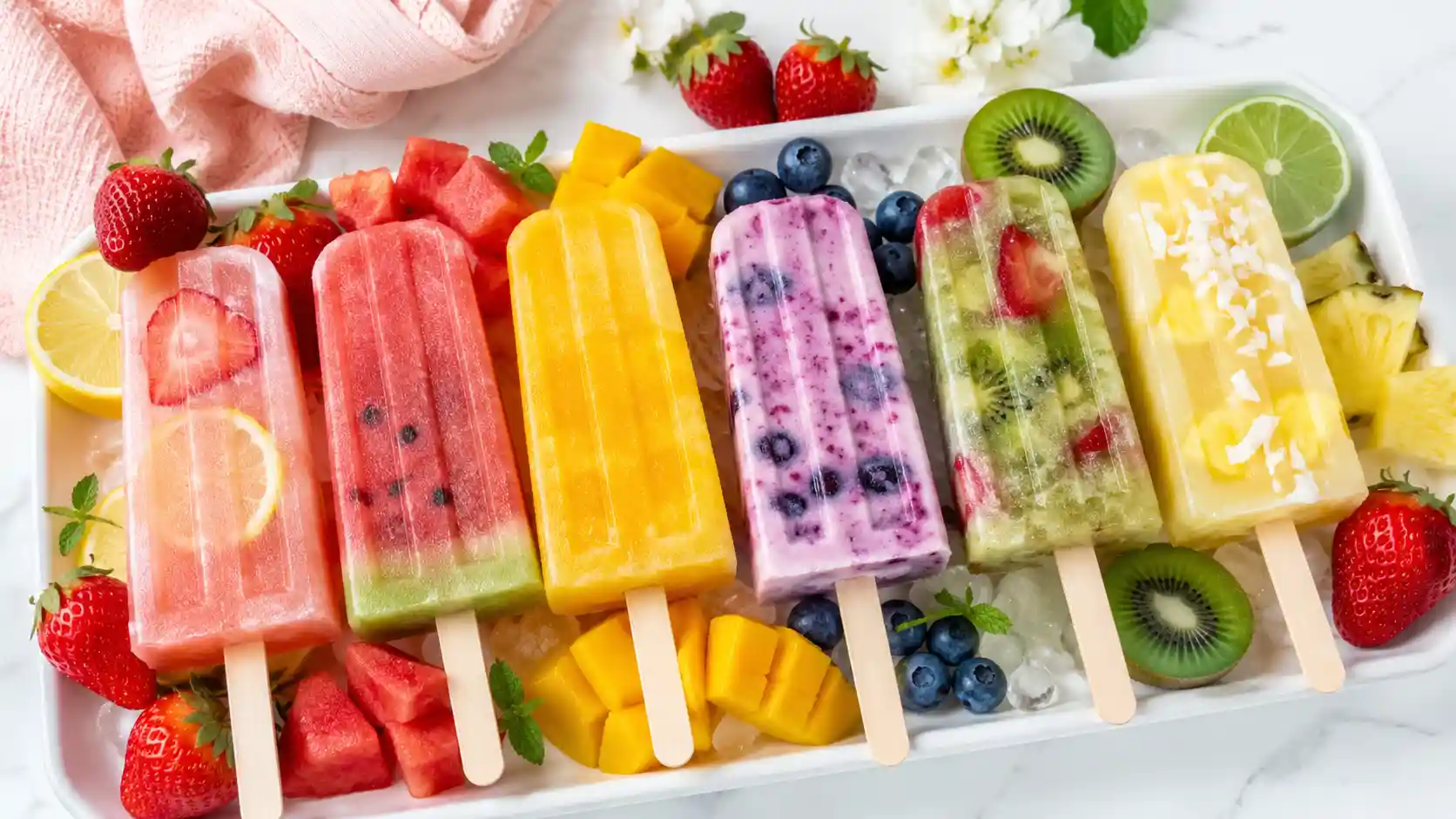 Colorful homemade fruit popsicles in strawberry, watermelon, mango, berry, and yogurt flavors on a bright summer tray.