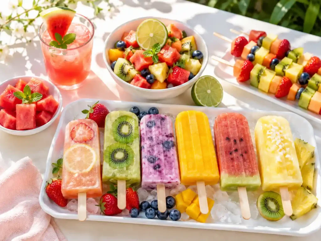 Homemade fruit popsicles served on a summer table with fruit skewers, watermelon drink, and fresh fruit salad.