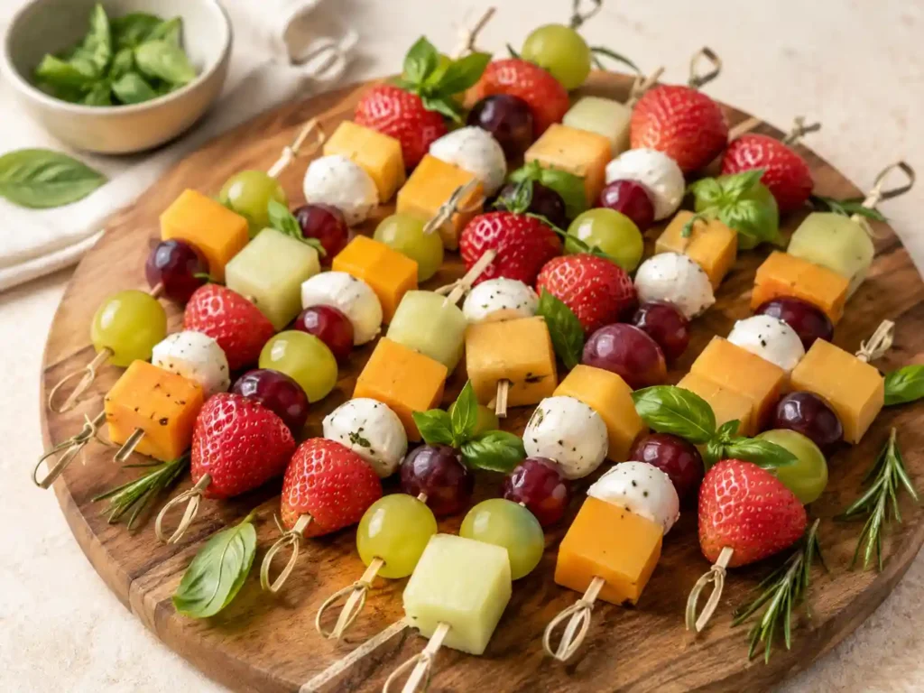 Fruit skewers and veggie cups with dip for easy finger foods at a party
