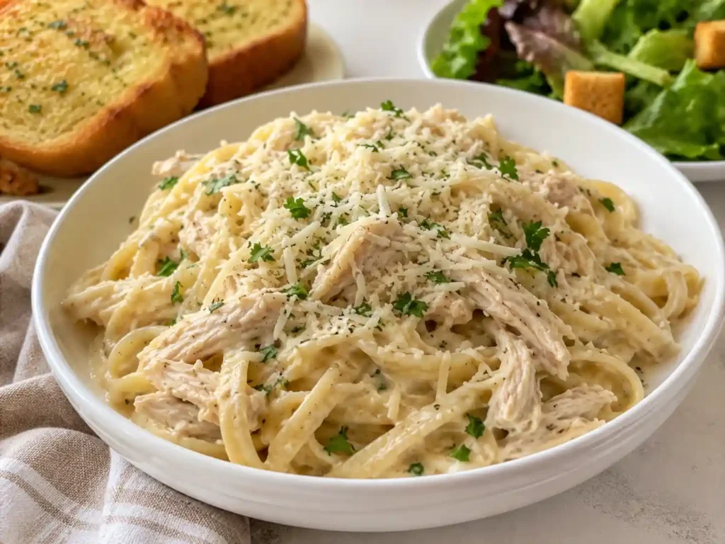 Creamy garlic parmesan chicken pasta served with green salad and garlic bread.