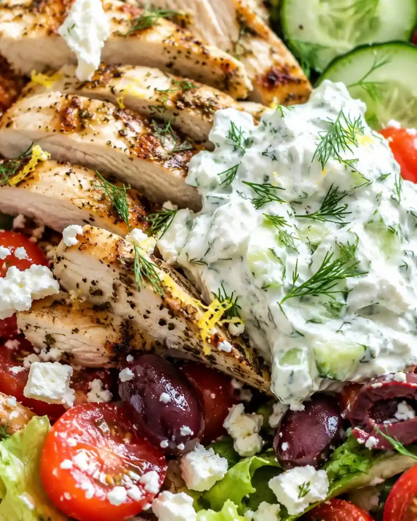 Close-up of sliced Greek chicken, creamy tzatziki, feta, cucumber, tomatoes, olives, romaine, lemon, and dill