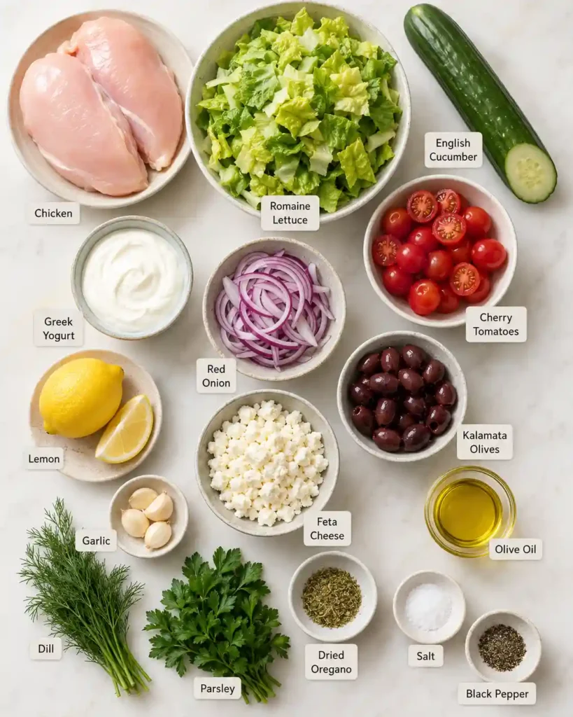 Ingredients for Greek chicken salad with tzatziki including chicken, romaine, cucumber, tomatoes, olives, feta, Greek yogurt, lemon, garlic, and dill