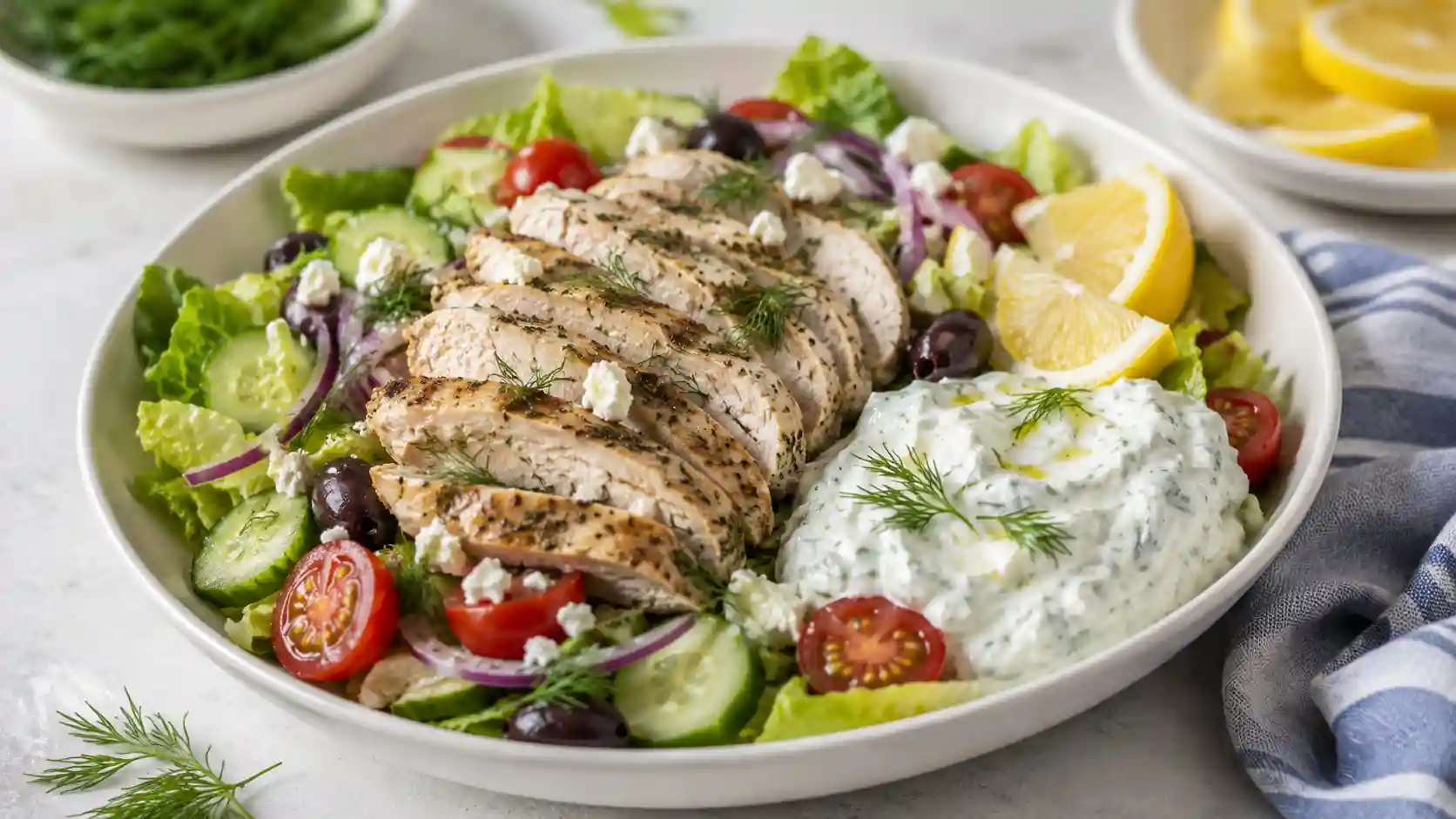 Greek chicken salad with tzatziki, sliced chicken, romaine, cucumber, tomatoes, olives, feta, lemon, and dill