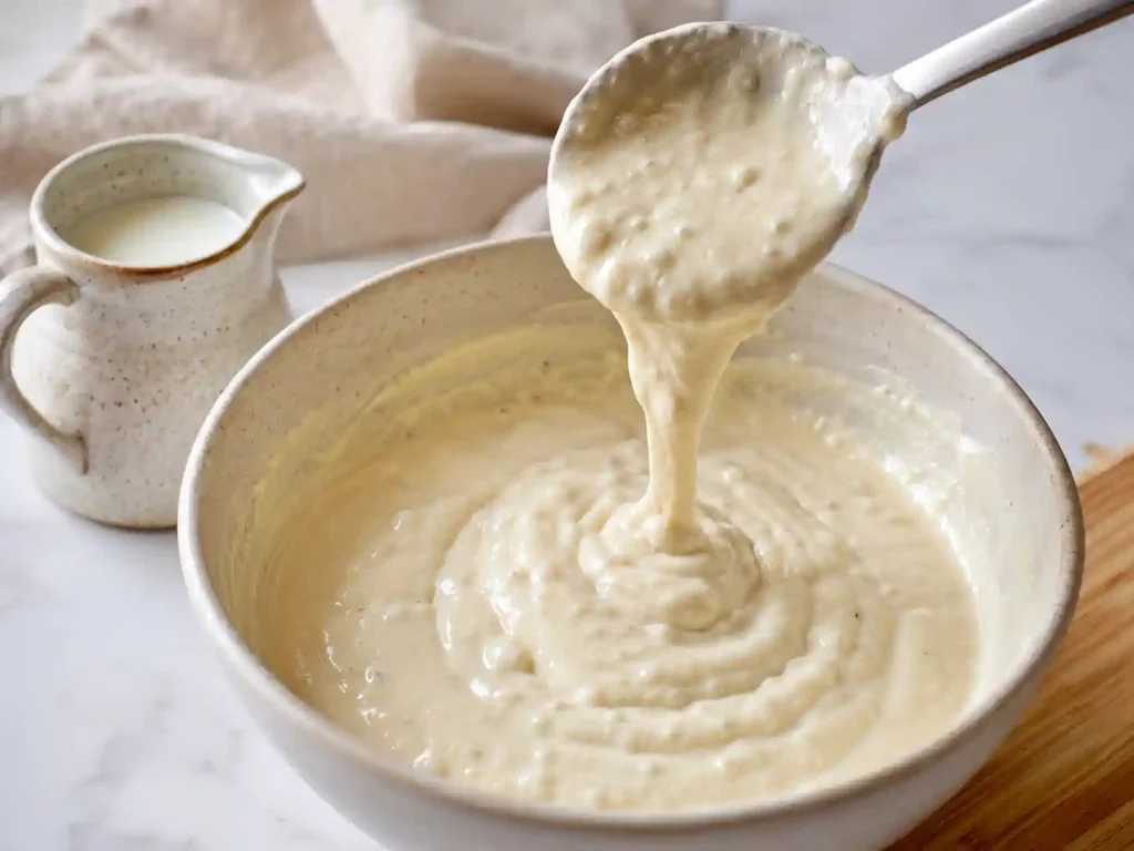 Thick Greek yogurt pancake batter falling slowly from a spoon into a bowl