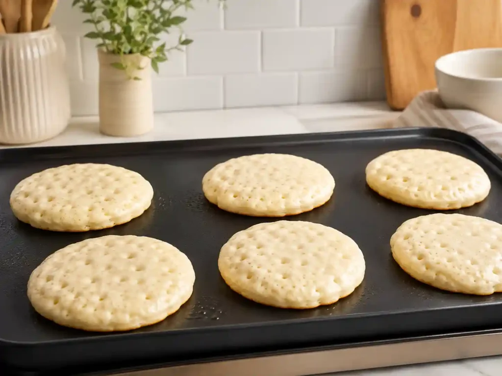 Greek yogurt pancakes cooking on a griddle with bubbles and set edges
