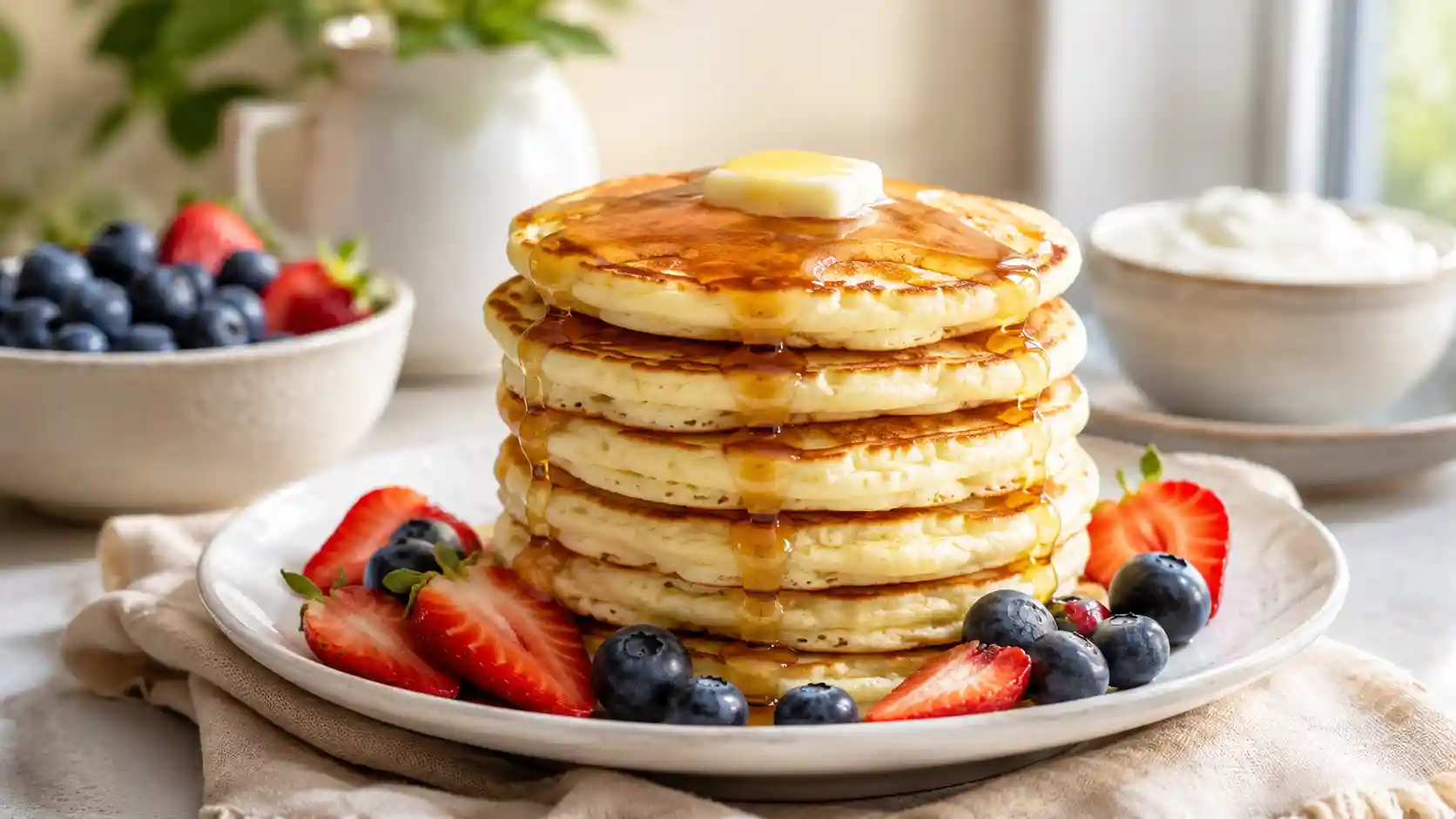 Fluffy Greek yogurt pancakes topped with butter, berries, and maple syrup
