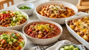 A family dinner spread with ground beef crockpot chili, beef pasta, taco bowls, and a potato beef casserole.
