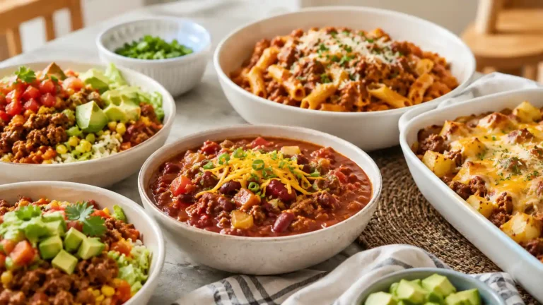 A family dinner spread with ground beef crockpot chili, beef pasta, taco bowls, and a potato beef casserole.