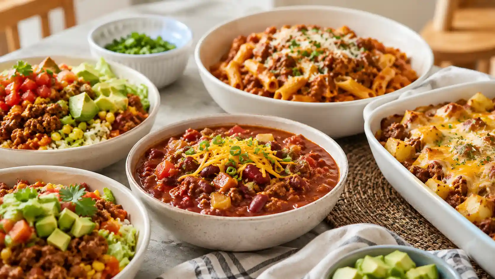 A family dinner spread with ground beef crockpot chili, beef pasta, taco bowls, and a potato beef casserole.