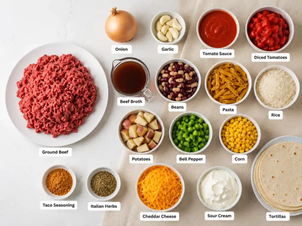Labeled ingredients for ground beef crockpot recipes including ground beef, onion, garlic, tomato sauce, beans, pasta, rice, potatoes, corn, and seasonings.