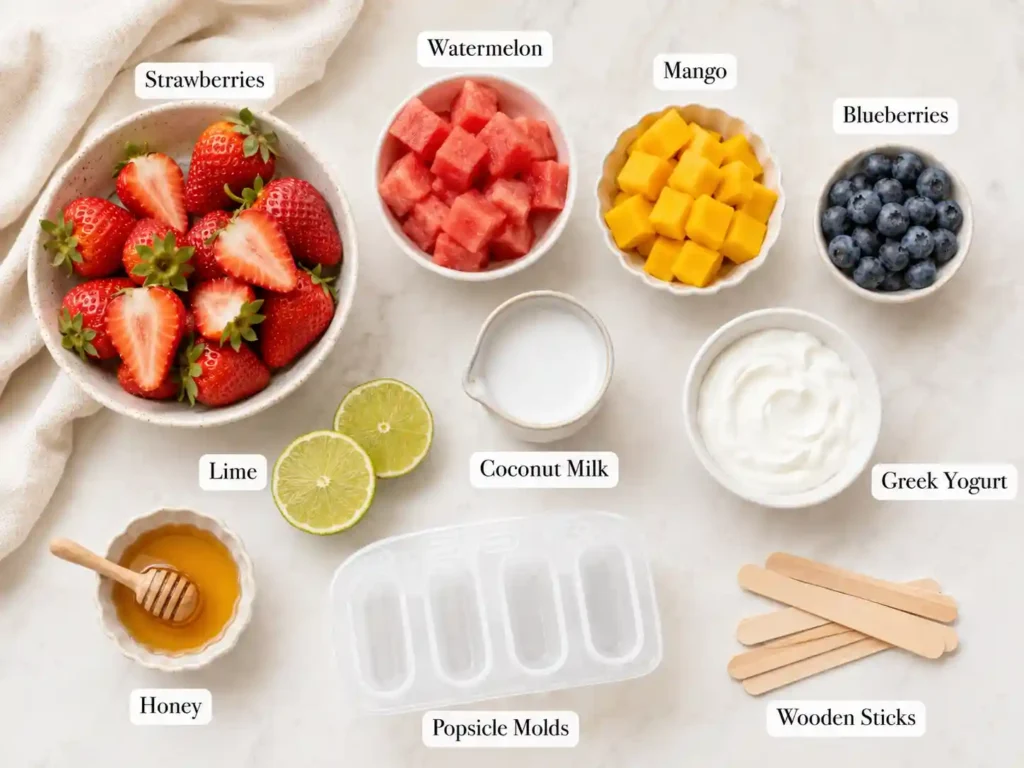 Labeled ingredients for homemade fruit popsicles including strawberries, watermelon, mango, blueberries, yogurt, coconut milk, lime, honey, popsicle molds, and wooden sticks.