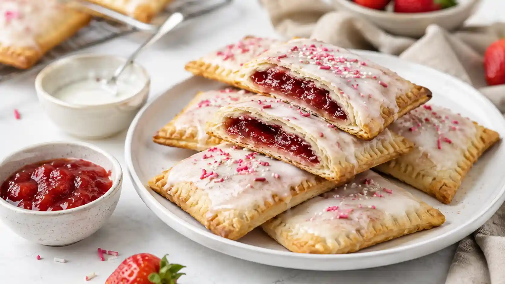 Homemade frosted pop tarts with strawberry filling, flaky pastry edges, and vanilla glaze on a white plate.