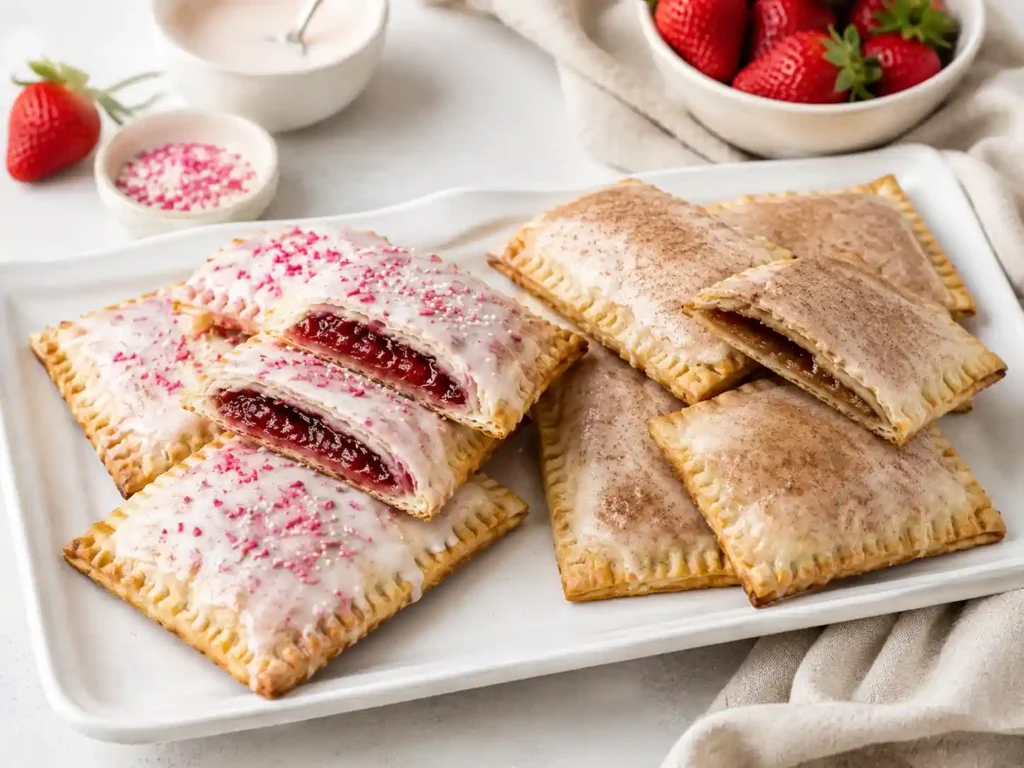 Homemade pop tarts with strawberry filling and brown sugar cinnamon filling arranged on a white platter.