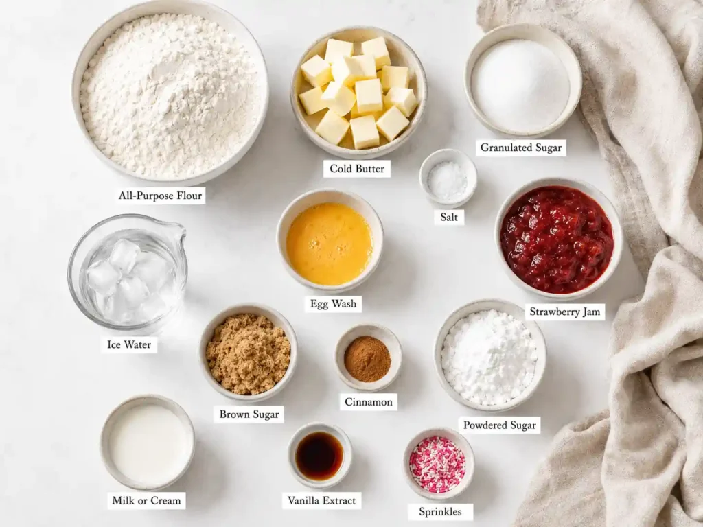 Labeled ingredients for homemade pop tarts including flour, butter, sugar, salt, ice water, egg wash, strawberry jam, brown sugar, cinnamon, powdered sugar, milk, vanilla, and sprinkles.