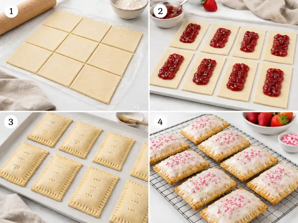 Step-by-step process for homemade pop tarts showing rolled dough, strawberry filling, crimped edges, steam vents, and baked glazed pastries.