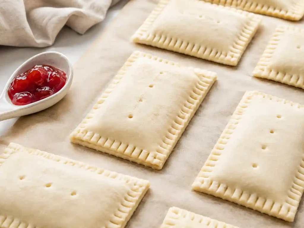 Close-up of homemade pop tarts with crimped edges, steam vents, and strawberry filling sealed inside the pastry.