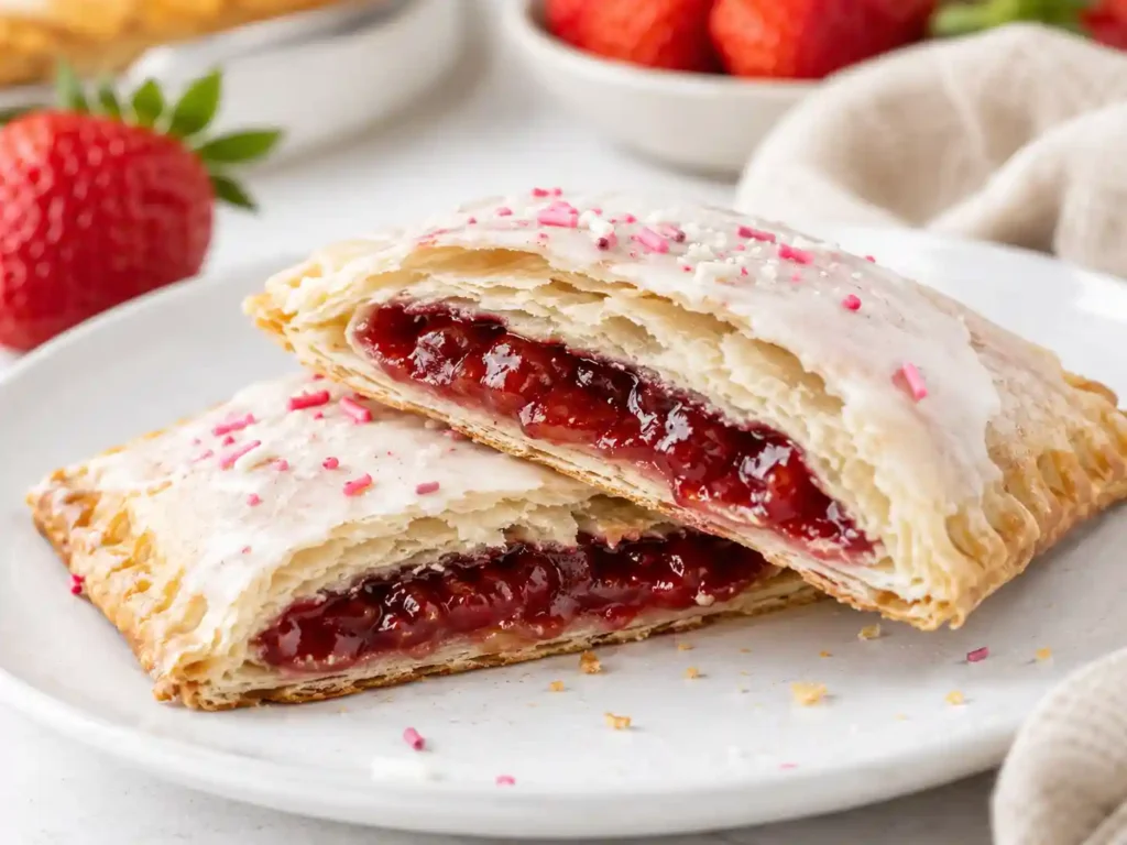 Sharp close-up of a homemade pop tart broken open with flaky pastry layers, strawberry filling, and vanilla glaze.