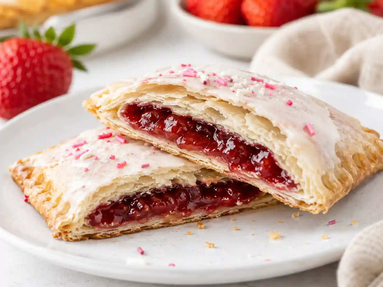 Sharp close-up of a homemade pop tart broken open with flaky pastry layers, strawberry filling, and vanilla glaze.