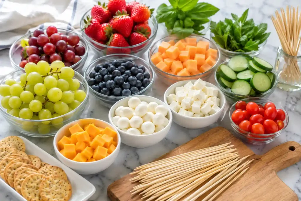 Ingredients for fruit and cheese skewers arranged with bamboo skewers, fruit, cheese cubes, herbs, and crackers
