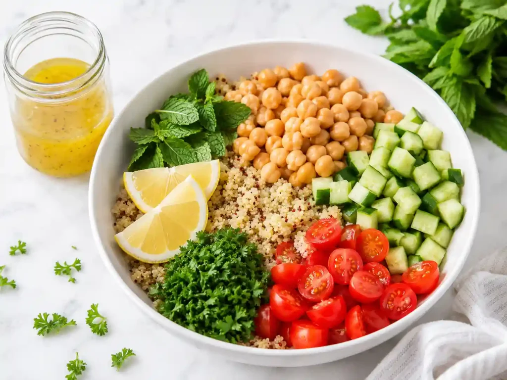Quinoa chickpea cucumber bowls being assembled with quinoa, chickpeas, cucumber, tomatoes, herbs, and lemon dressing.