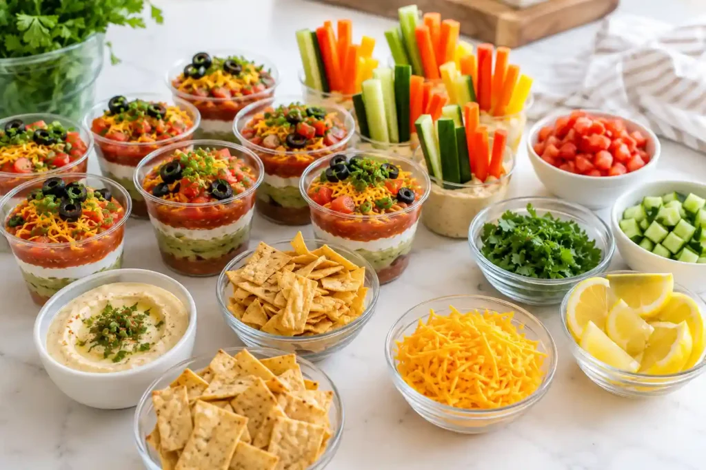 Appetizer cup toppings kept separate with chips, herbs, crackers, and sauces in small bowls