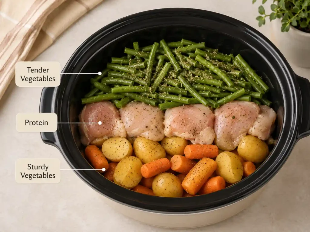 Crockpot layering guide showing potatoes and carrots on the bottom, chicken in the middle, and green beans added on top.