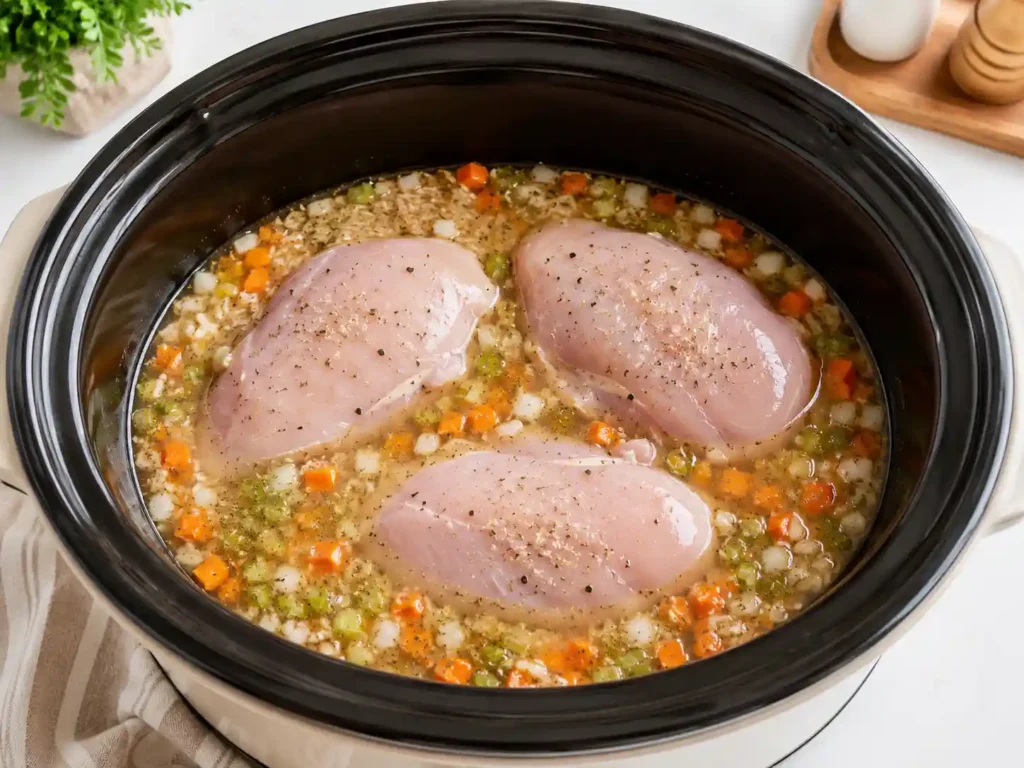 Slow cooker filled with long-grain rice, vegetables, broth, and thawed chicken arranged on top before cooking.