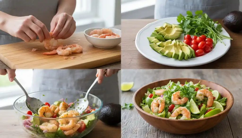 Step-by-step collage showing shrimp being prepared, avocado and tomatoes on a plate, salad being tossed, and finished Shrimp Avocado Salad in a bowl.