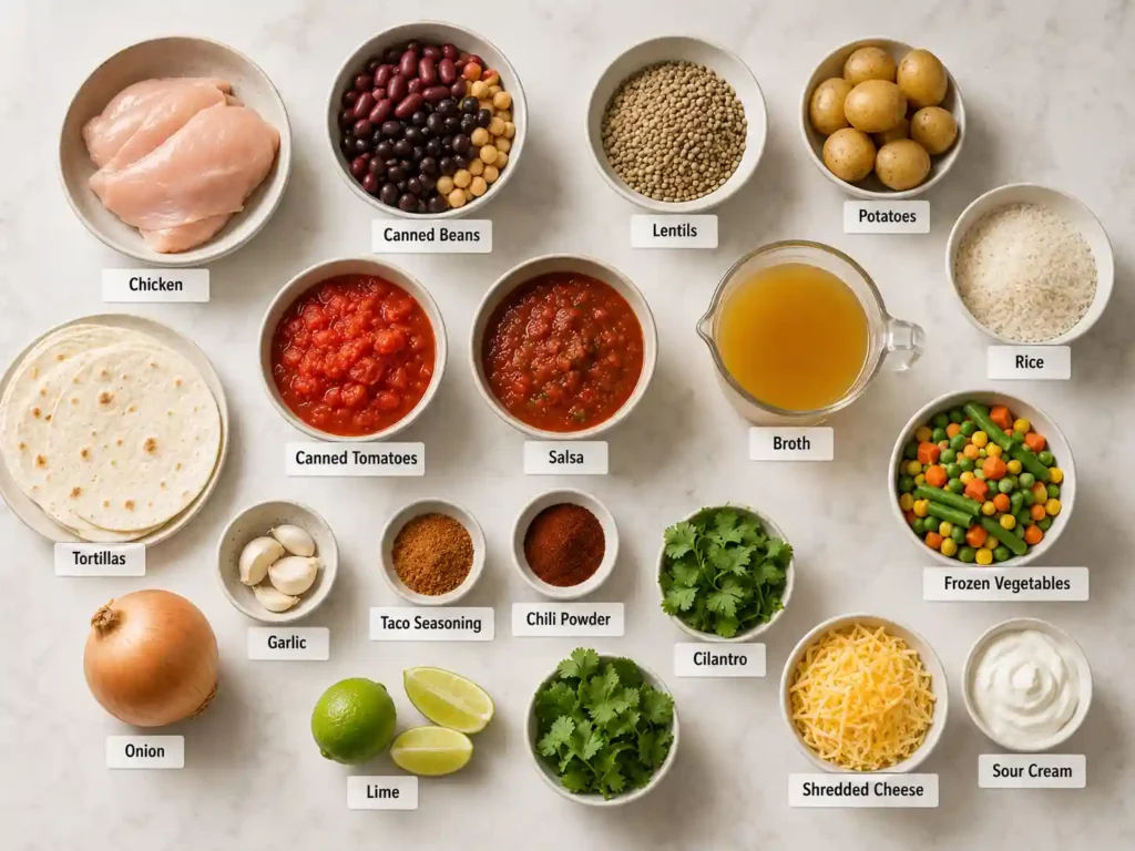 Labeled ingredients for cheap crockpot meals including chicken, beans, lentils, potatoes, rice, tortillas, tomatoes, salsa, broth, vegetables, and toppings.