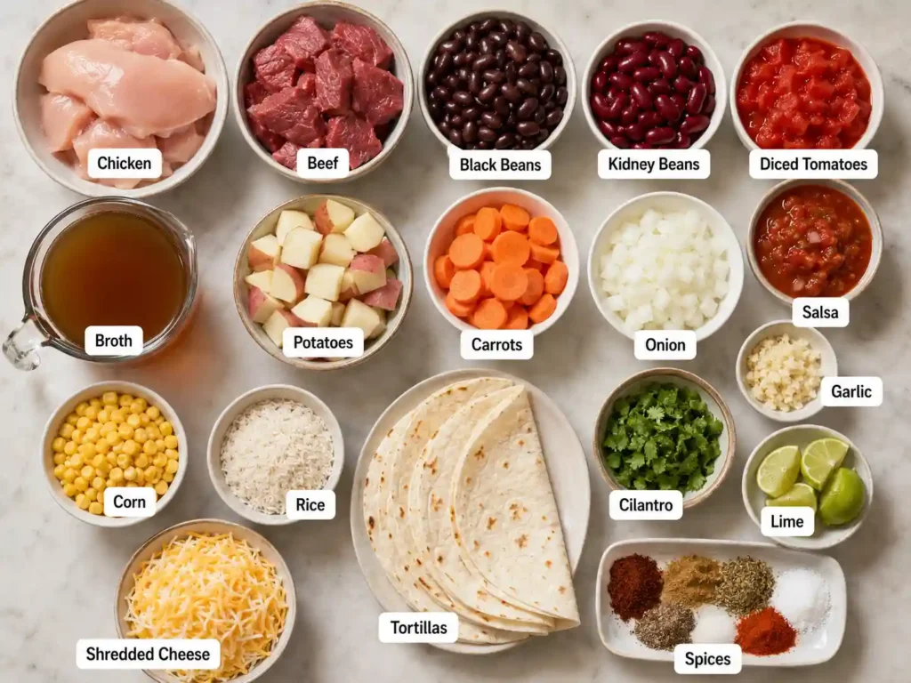 Labeled ingredients for dump and go crockpot meals including chicken, beef, beans, chickpeas, lentils, tomatoes, salsa, broth, potatoes, carrots, onion, garlic, corn, rice, tortillas, lime, cilantro, cheese, and spices.