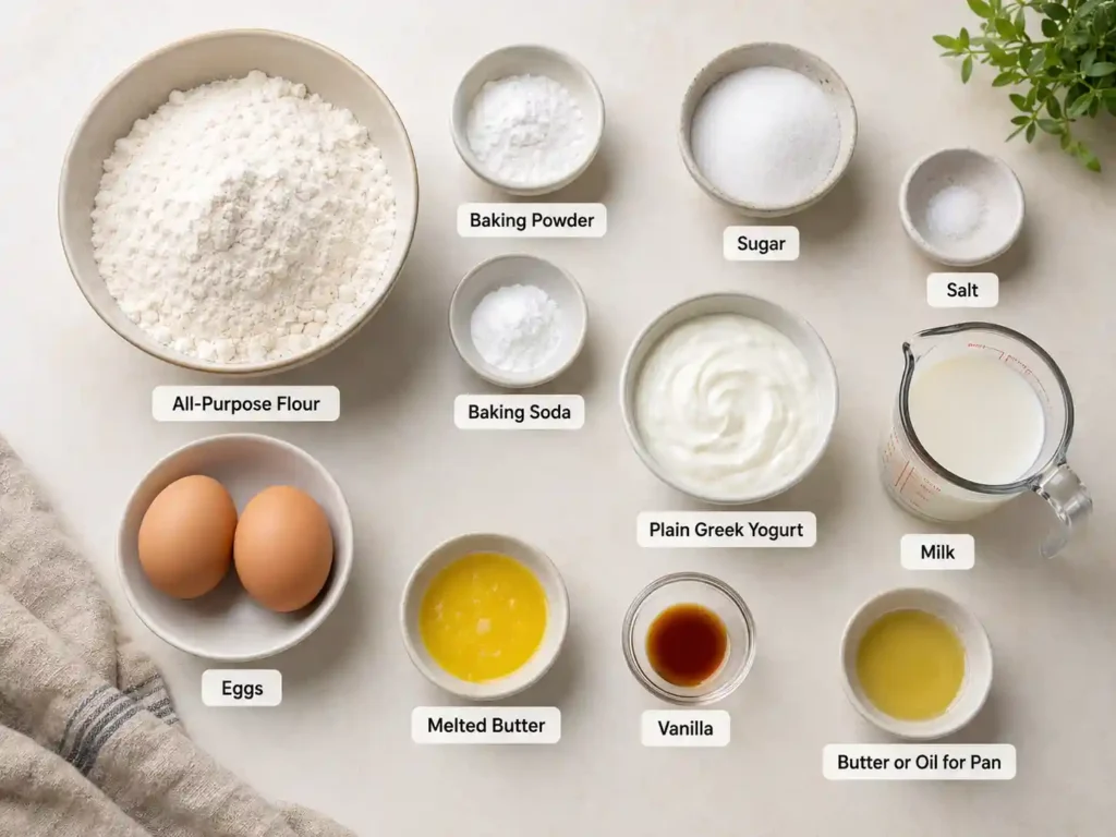 Labeled ingredients for Greek yogurt pancakes including flour, Greek yogurt, milk, eggs, butter, and vanilla
