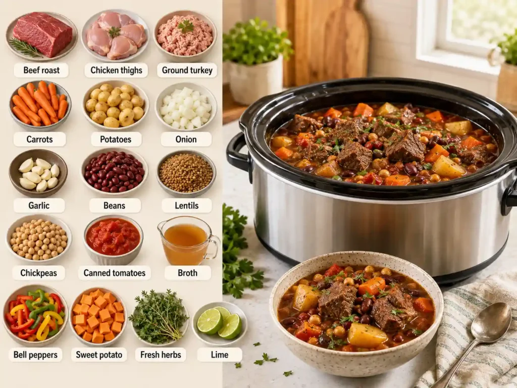 Labeled ingredients for all day crockpot recipes, including beef roast, carrots, potatoes, beans, lentils, chickpeas, tomatoes, onion, garlic, broth, herbs, and lime.