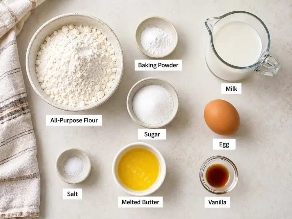Labeled pancake ingredients including flour, baking powder, sugar, salt, milk, egg, butter, and vanilla