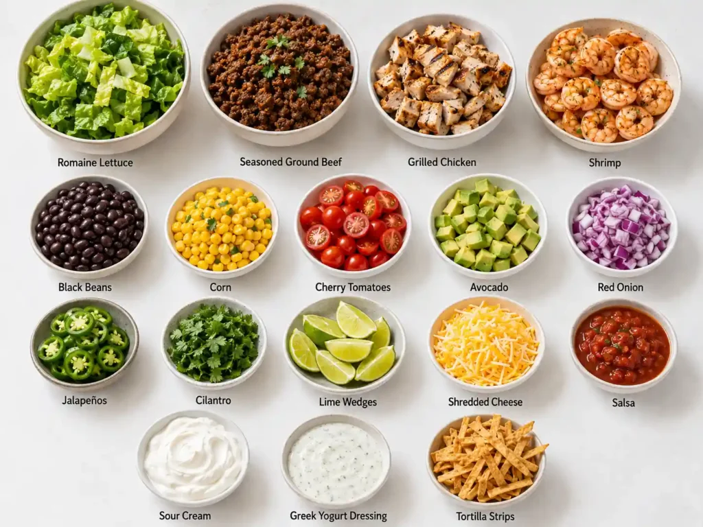 Labeled taco salad ingredients including romaine, seasoned beef, chicken, shrimp, black beans, corn, tomatoes, avocado, red onion, jalapeños, cilantro, lime, cheese, salsa, sour cream, and tortilla strips.